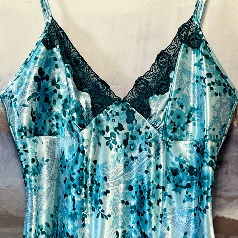 SECRET TREASURES Floral Slip Dress Lace Satin Chemise Antique Teal‎ Blue Size L - Picture 4 of 16